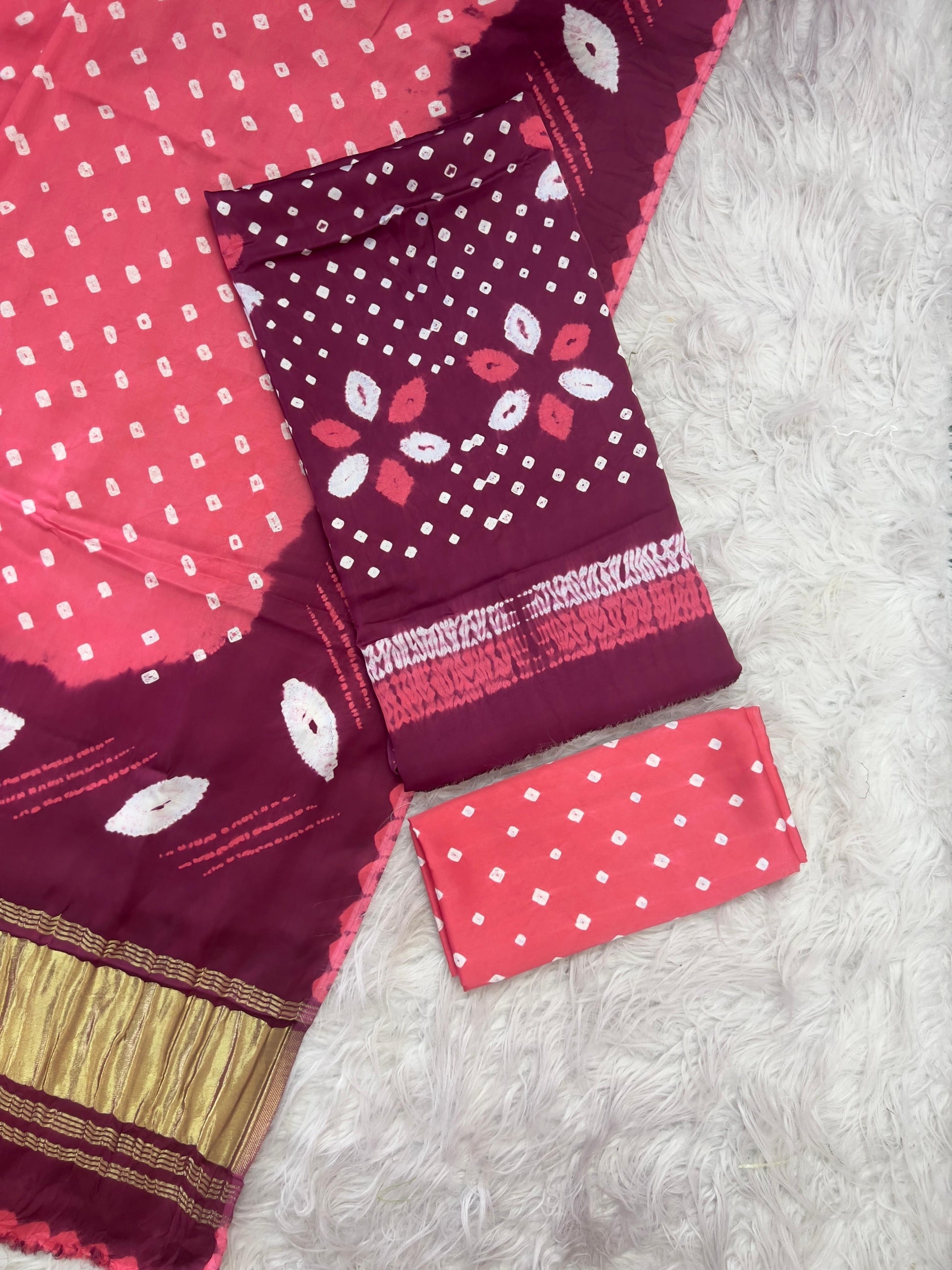Elegant Bandhani Modal Silk Unstitched Suit Set
