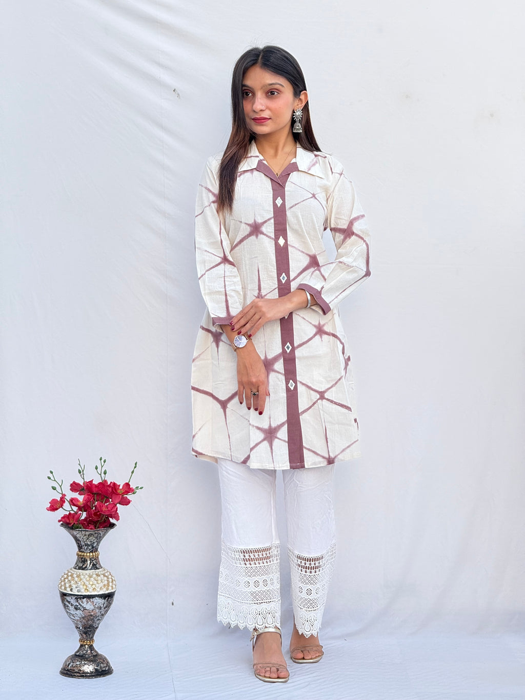 brown Tie-Dye Cotton Straight Kurti