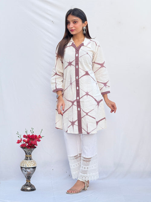 brown Tie-Dye Cotton Straight Kurti