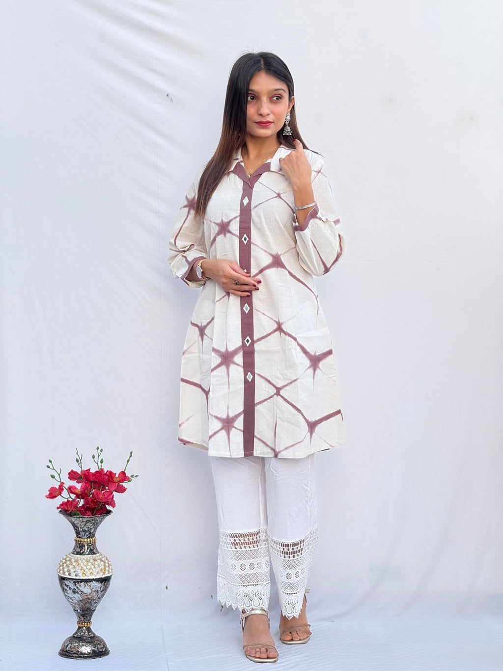 brown Tie-Dye Cotton Straight Kurti