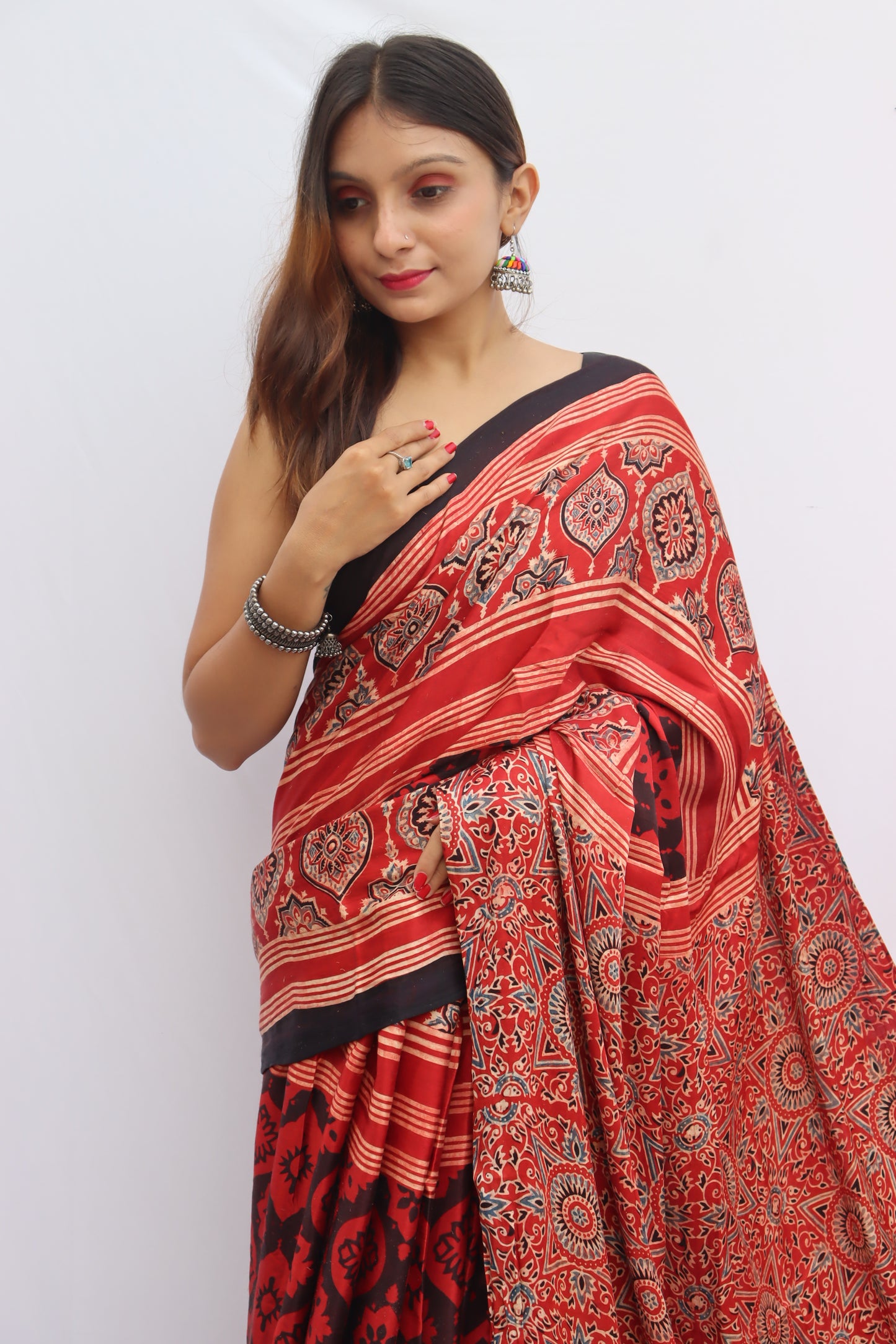 RED AJRAKH HAND BLOCK PRINTED MODAL SILK SAREE WITH ZARI PALLU