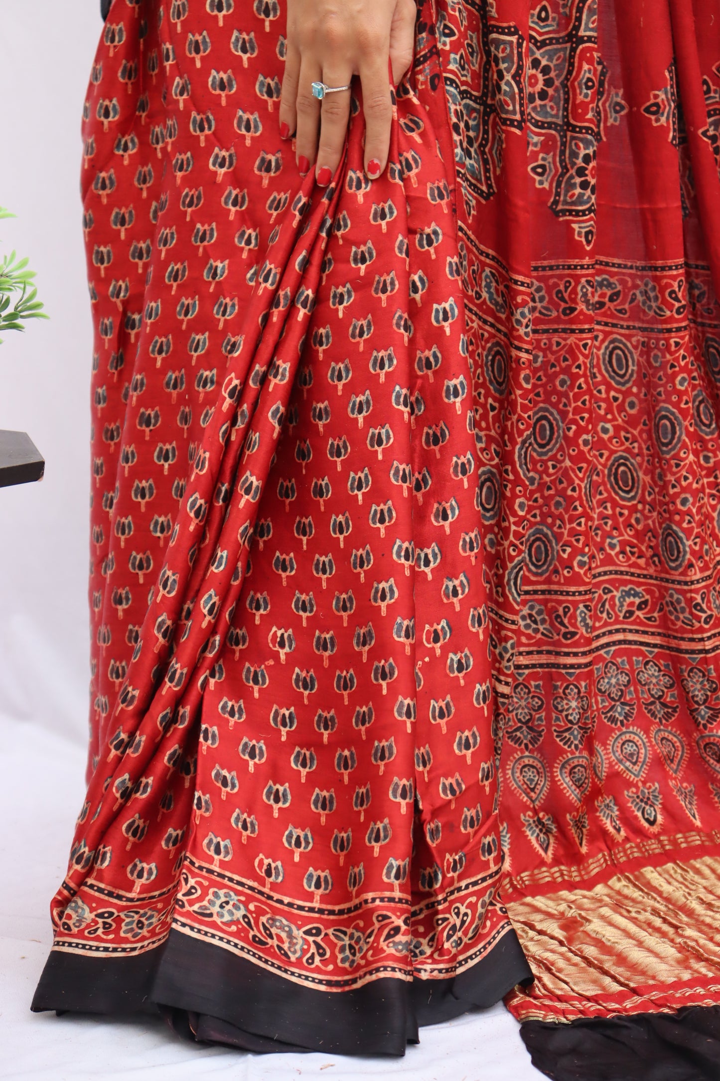 RED AJRAKH HAND BLOCK PRINTED MODAK SILK SAREE WITH ZARI PALLU