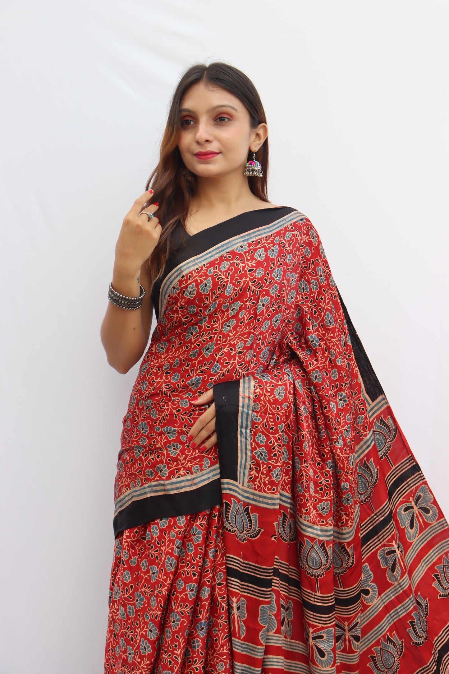 RED AJRAKH HAND BLOCK PRINTED SAREE WITH ZARI PALLU