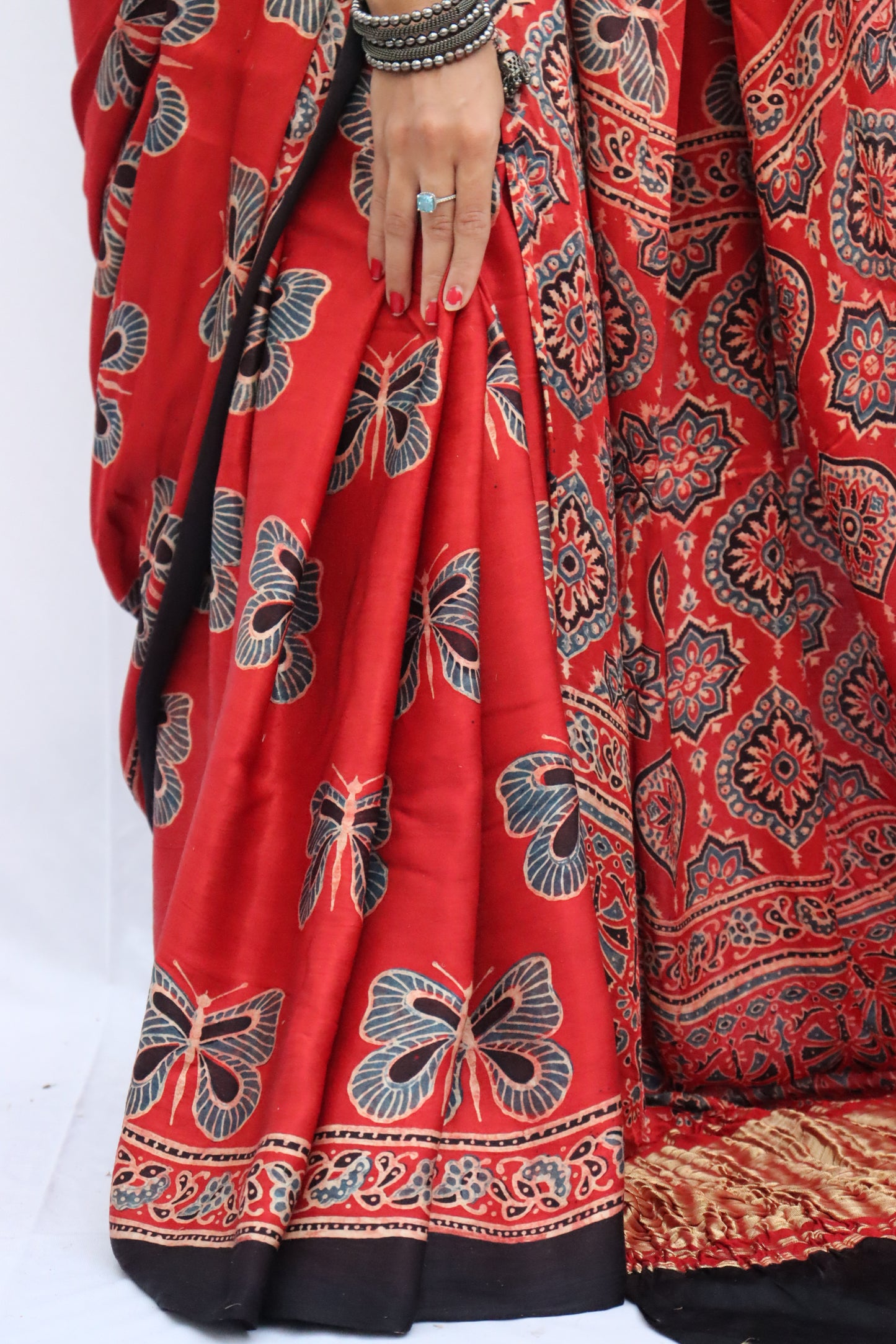 RED AJRAKH HAND BLOCK PRINTED MODAL SILK SAREE WITH ZARI PALLU