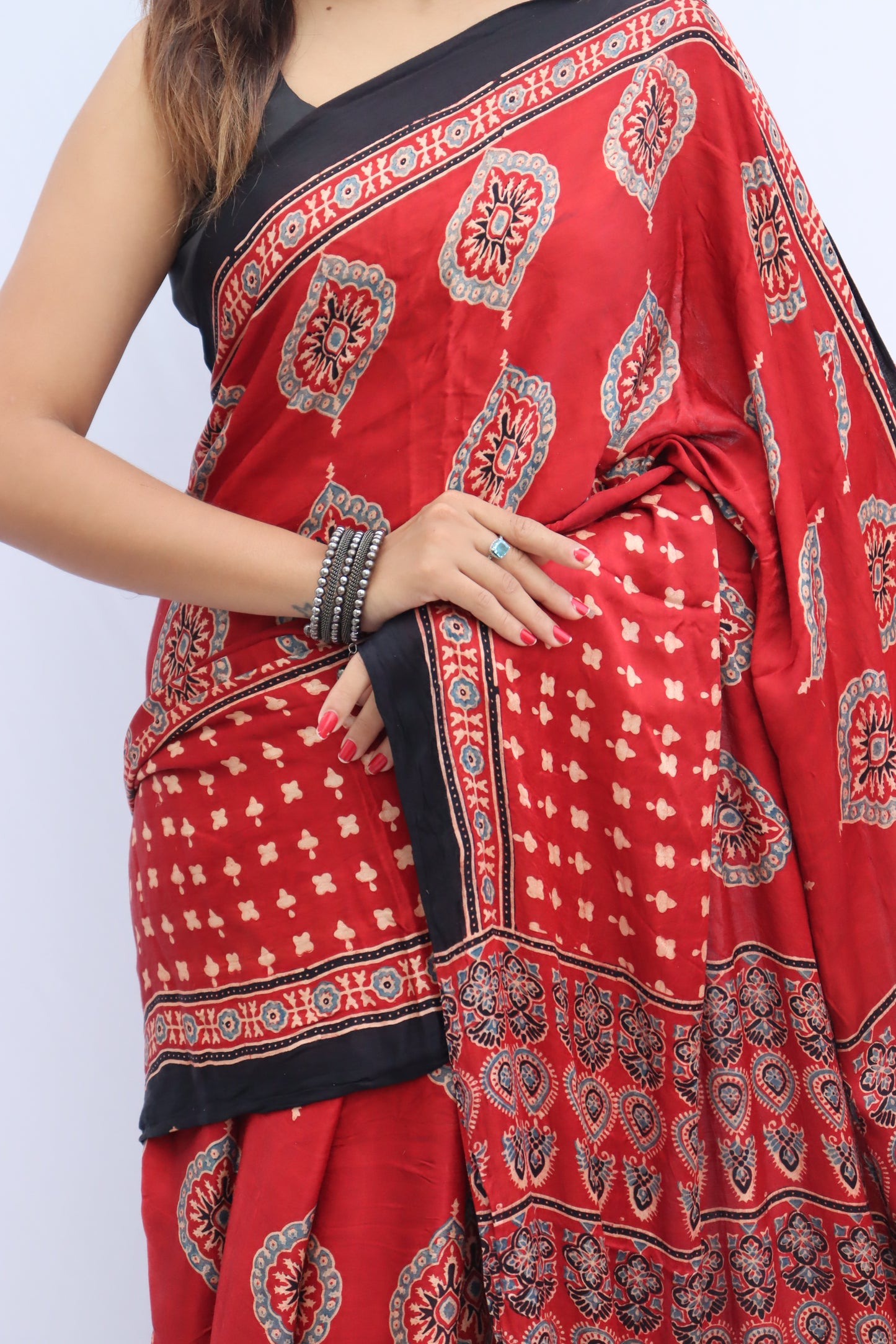 RED AJRAKH HAND BLOCK PRINTED MODAL SILK SRAEE WITH ZARI PLLU