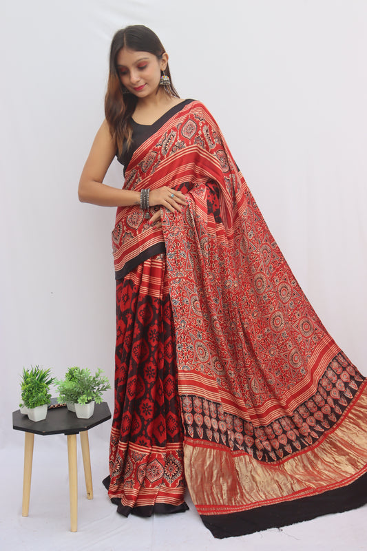 RED AJRAKH HAND BLOCK PRINTED MODAL SILK SAREE WITH ZARI PALLU