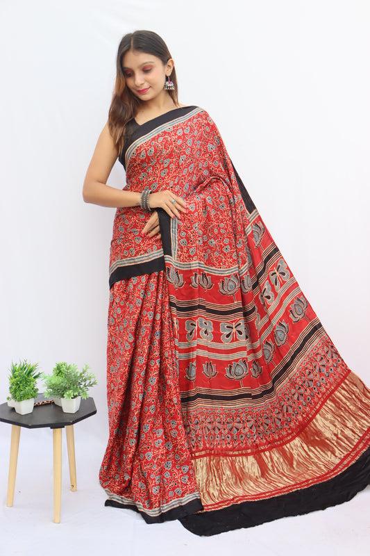 RED AJRAKH HAND BLOCK PRINTED SAREE WITH ZARI PALLU