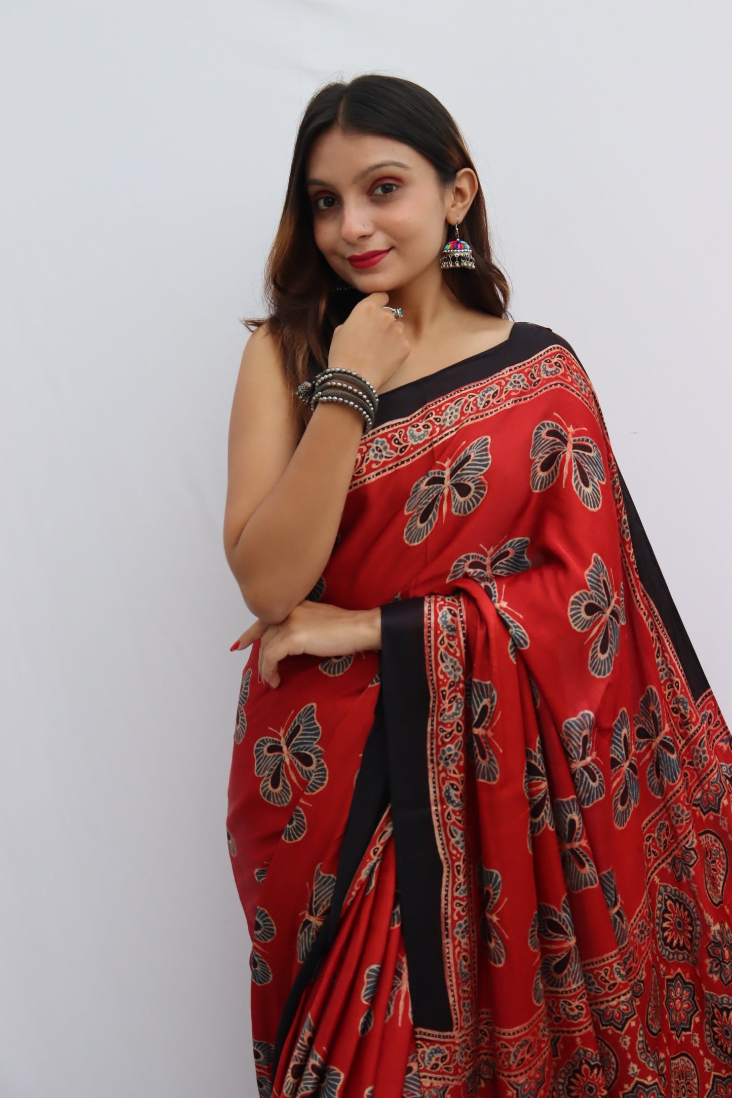 RED AJRAKH HAND BLOCK PRINTED MODAL SILK SAREE WITH ZARI PALLU