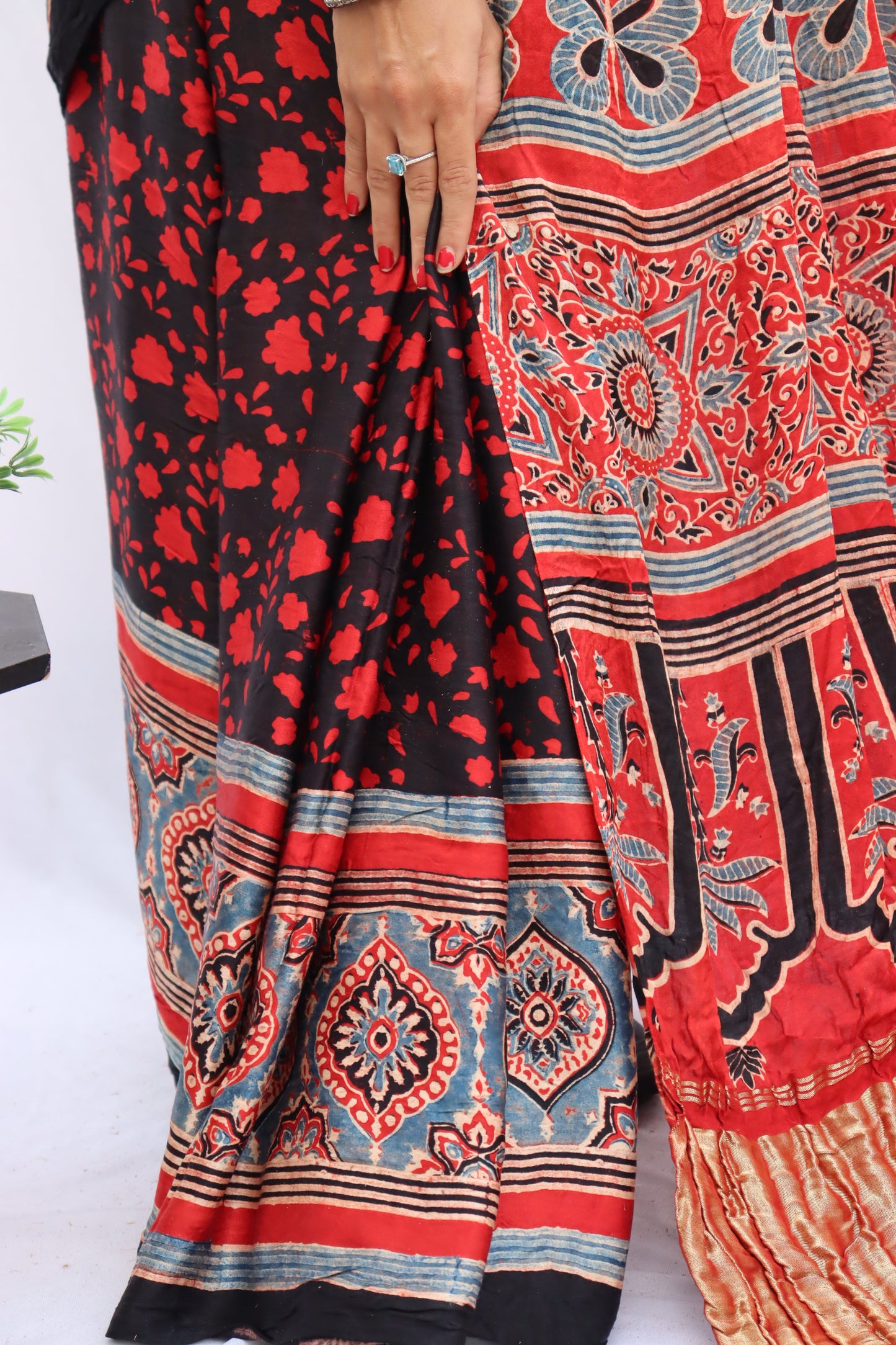 RED AJRAKH HAND BLOCK PRINTED MODAL SILK SAREE WITH ZARI PALLU