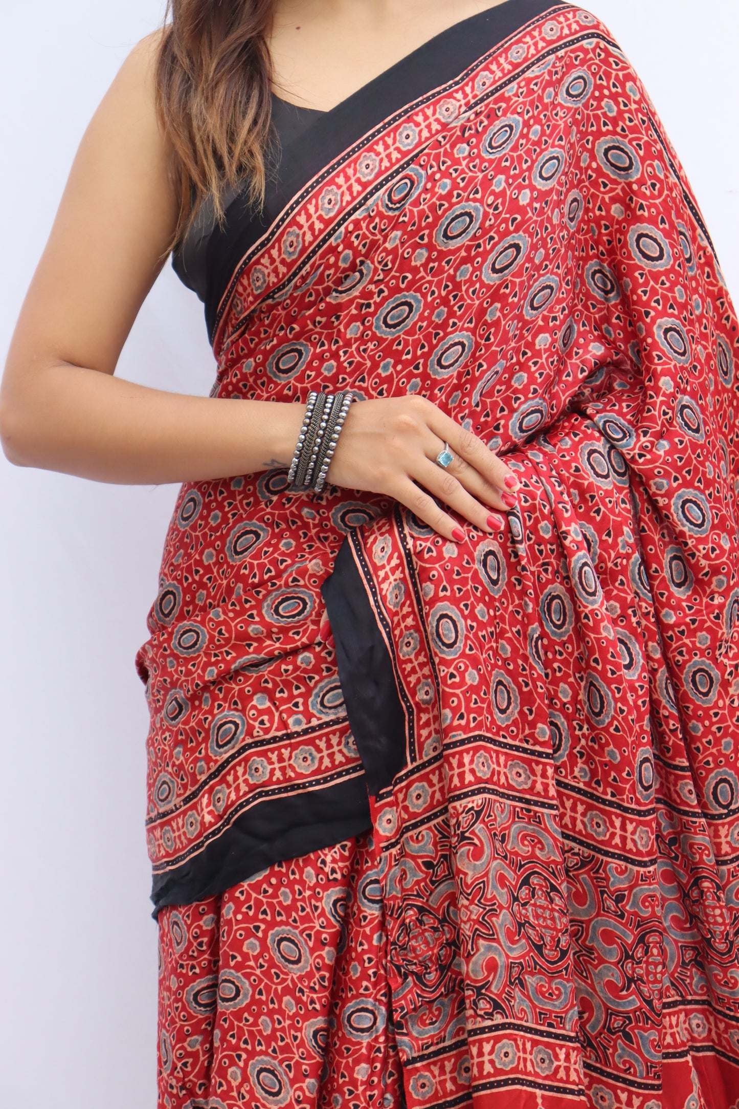 RED AJRAKH HAND BLOCK PRINTED MODAL SILK SAREE WITH ZARI PALLU