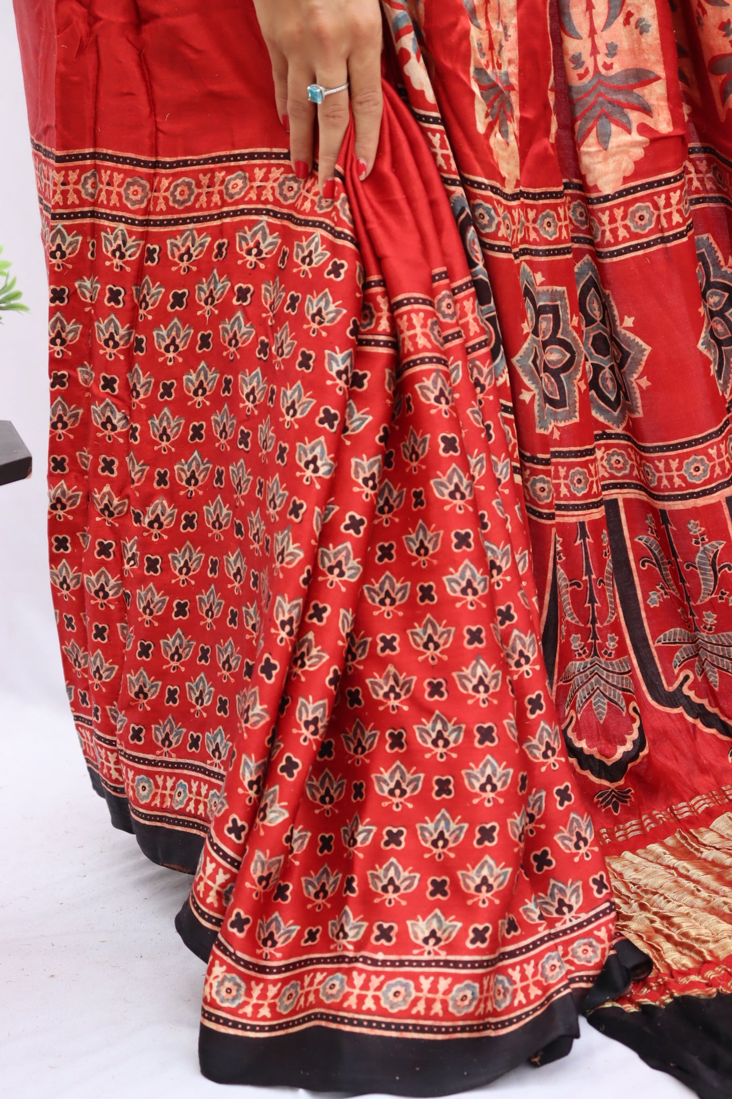 RED AJRAKH HAND BLOCK PRINTED MODAL SILK SAREE WITH ZARI PALLU