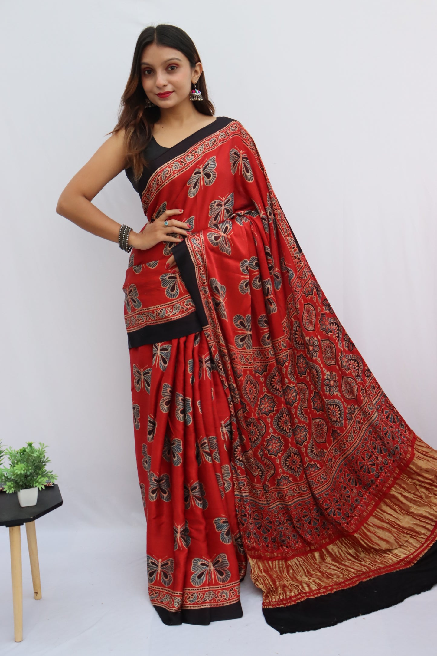 RED AJRAKH HAND BLOCK PRINTED MODAL SILK SAREE WITH ZARI PALLU