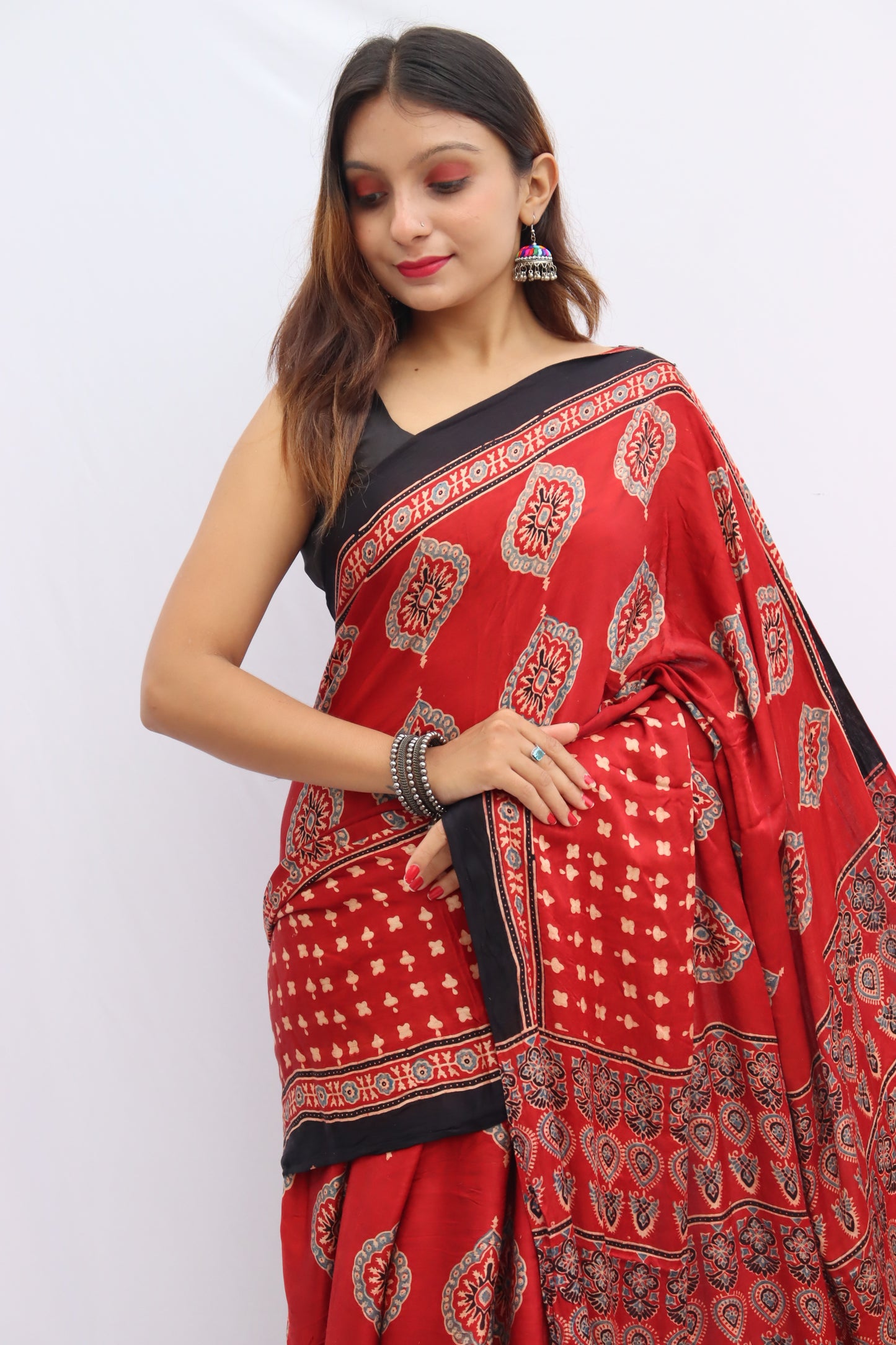 RED AJRAKH HAND BLOCK PRINTED MODAL SILK SRAEE WITH ZARI PLLU