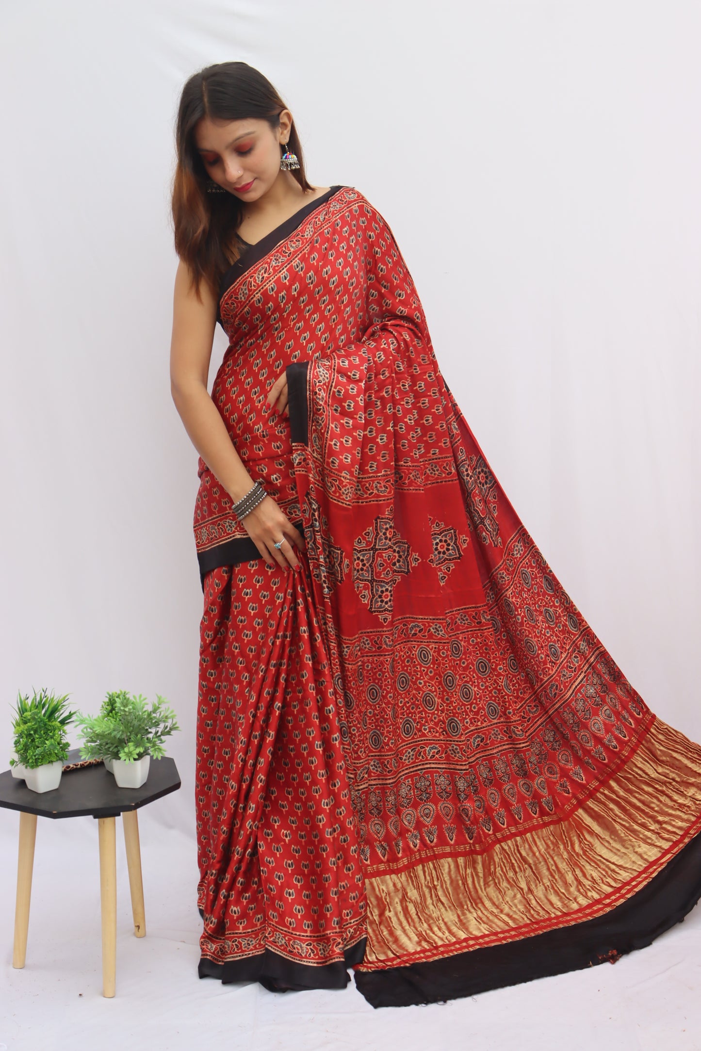 RED AJRAKH HAND BLOCK PRINTED MODAK SILK SAREE WITH ZARI PALLU