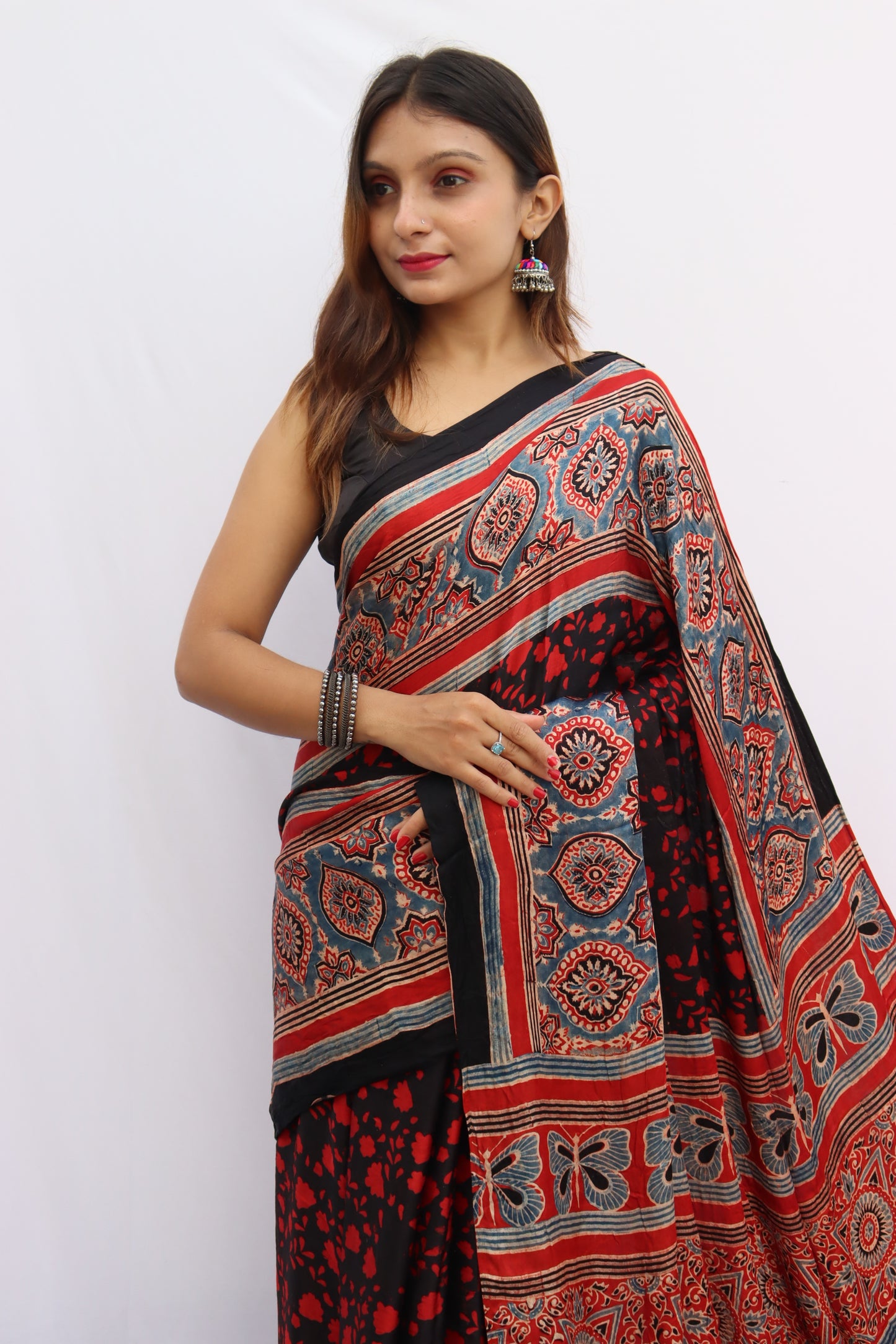 RED AJRAKH HAND BLOCK PRINTED MODAL SILK SAREE WITH ZARI PALLU