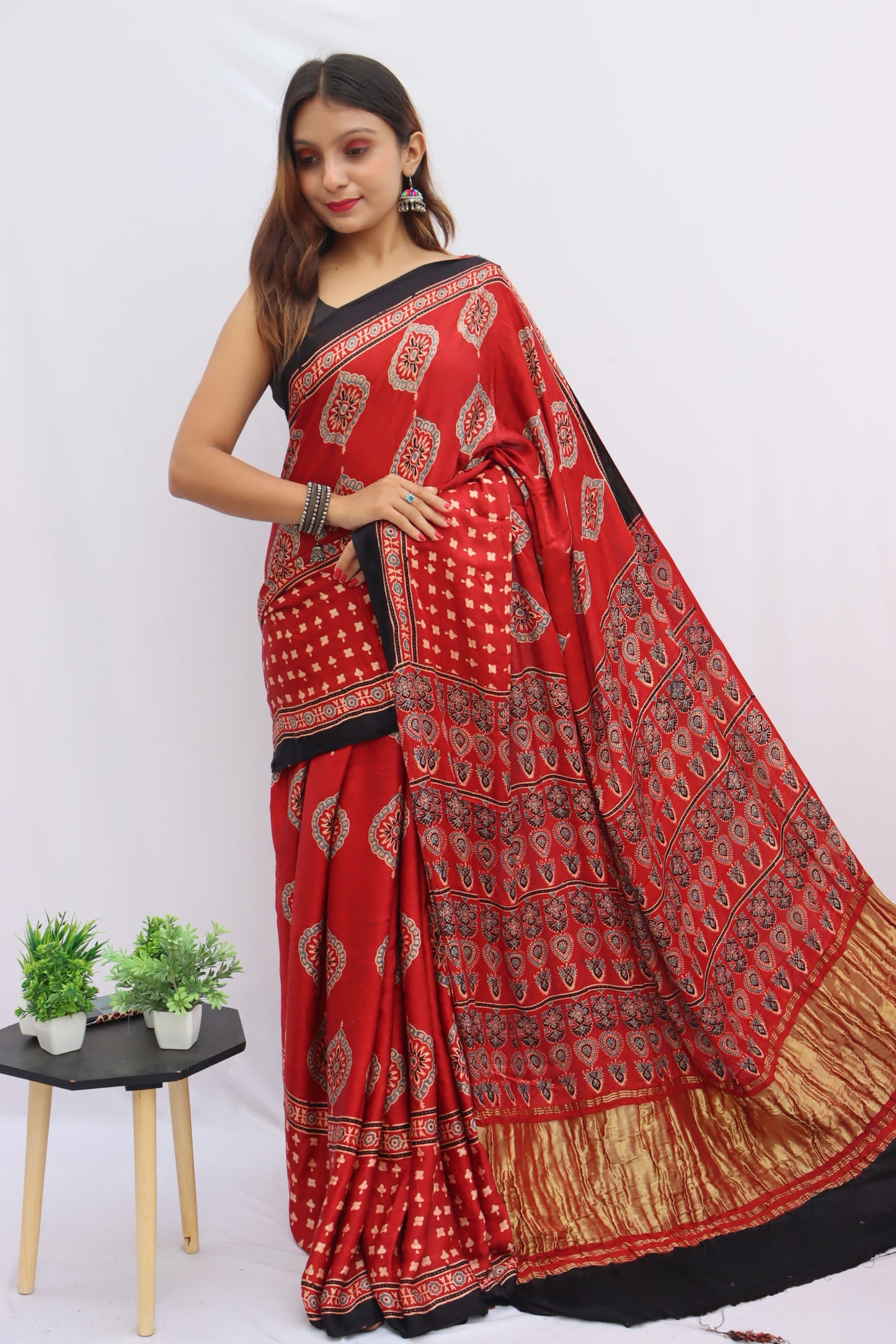 RED AJRAKH HAND BLOCK PRINTED MODAL SILK SRAEE WITH ZARI PLLU