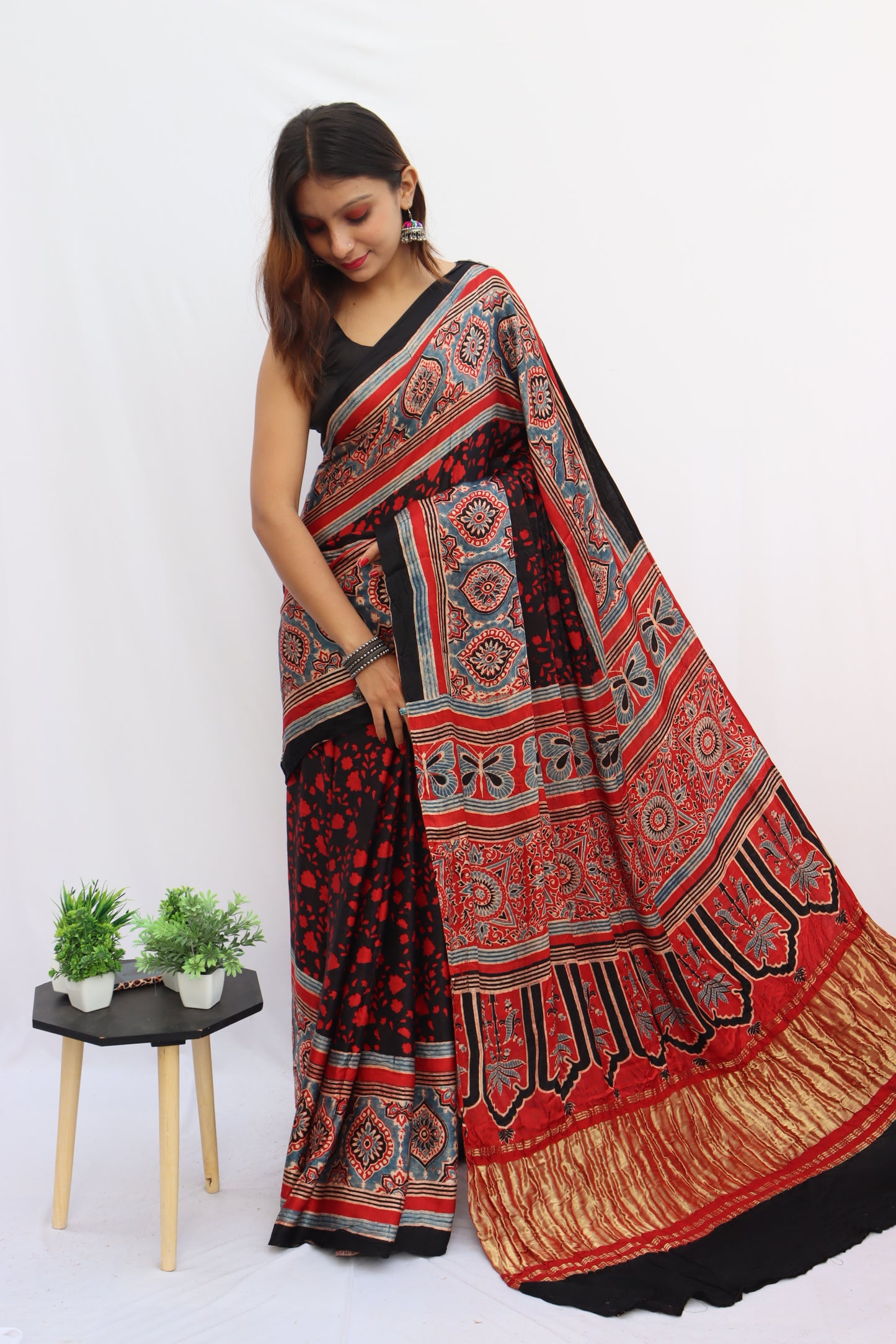 RED AJRAKH HAND BLOCK PRINTED MODAL SILK SAREE WITH ZARI PALLU