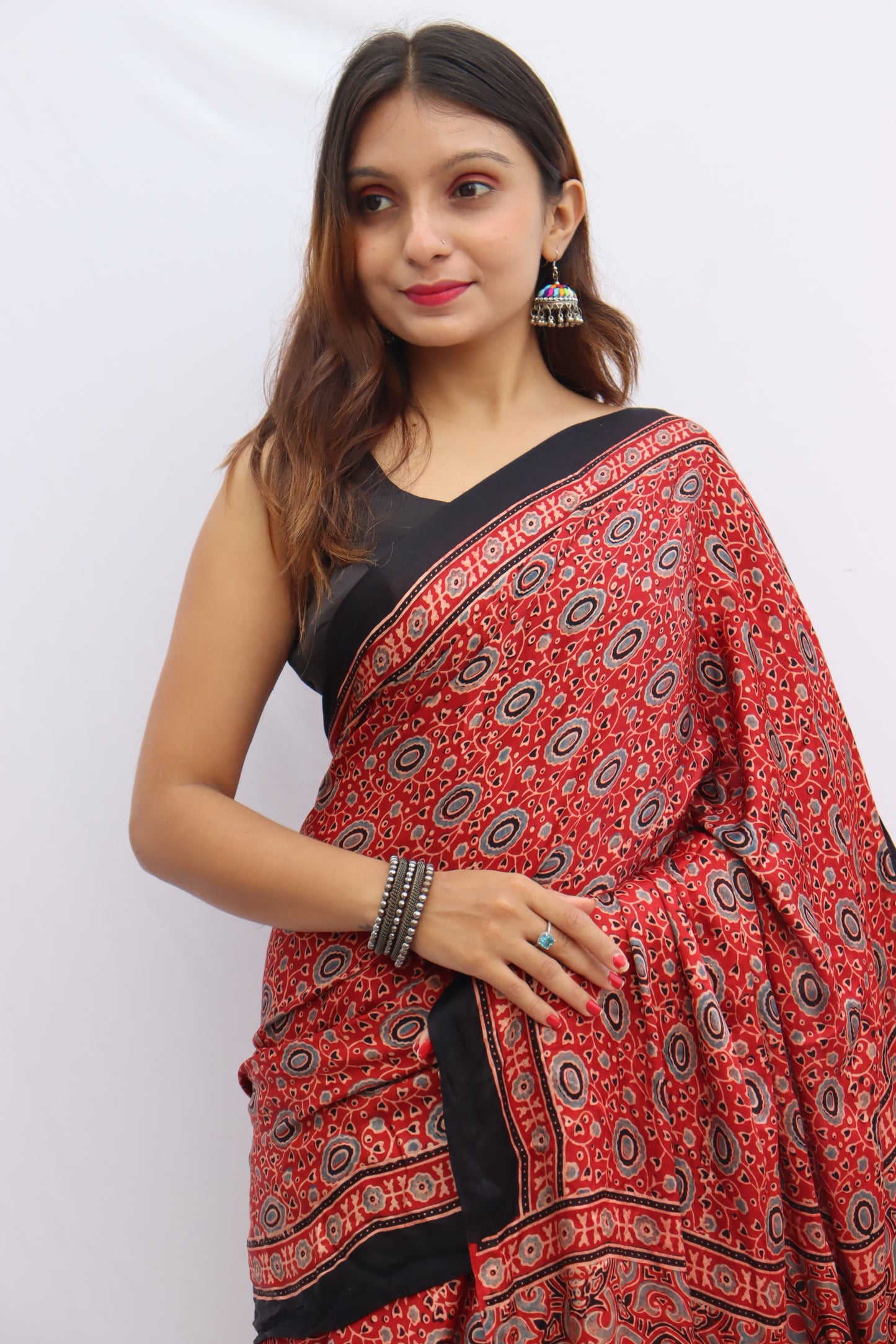 RED AJRAKH HAND BLOCK PRINTED MODAL SILK SAREE WITH ZARI PALLU