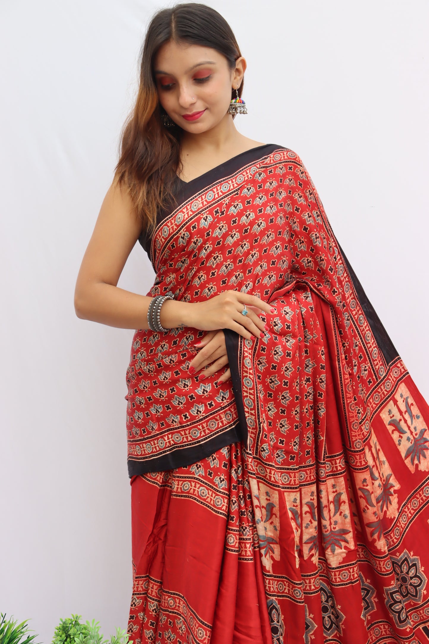 RED AJRAKH HAND BLOCK PRINTED MODAL SILK SAREE WITH ZARI PALLU