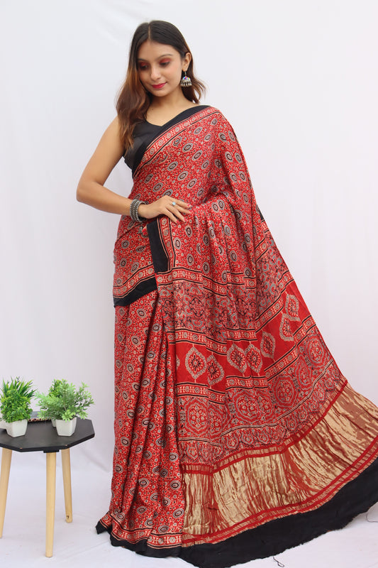 RED AJRAKH HAND BLOCK PRINTED MODAL SILK SAREE WITH ZARI PALLU