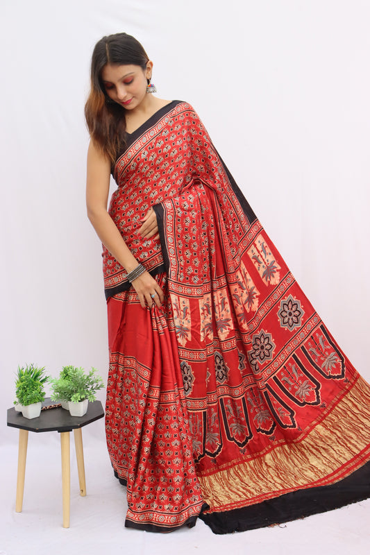 RED AJRAKH HAND BLOCK PRINTED MODAL SILK SAREE WITH ZARI PALLU