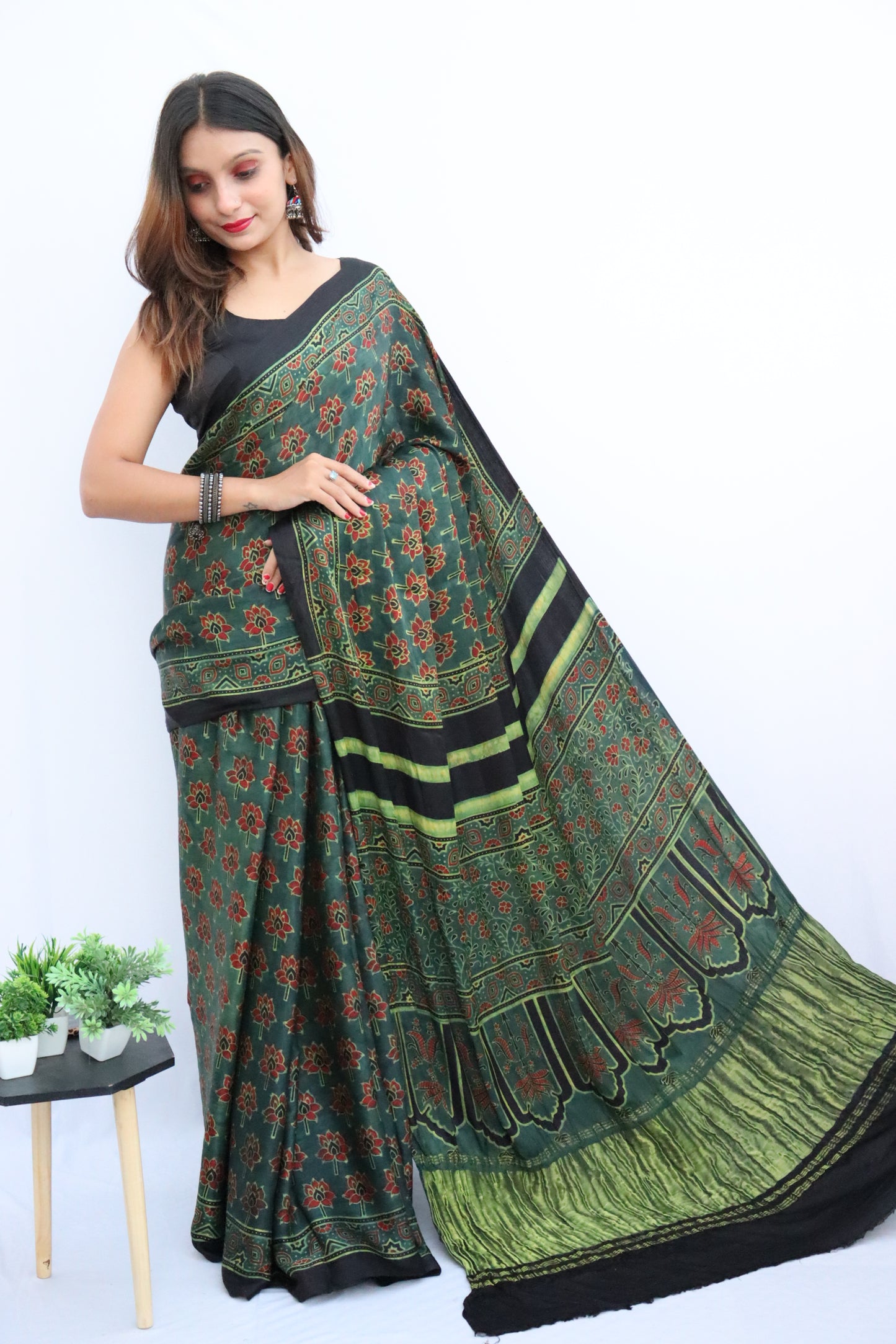 GREEN AJRAKH HAND BLOCK PRINTED MODAL SILK SAREE WITH ZARI PALLU