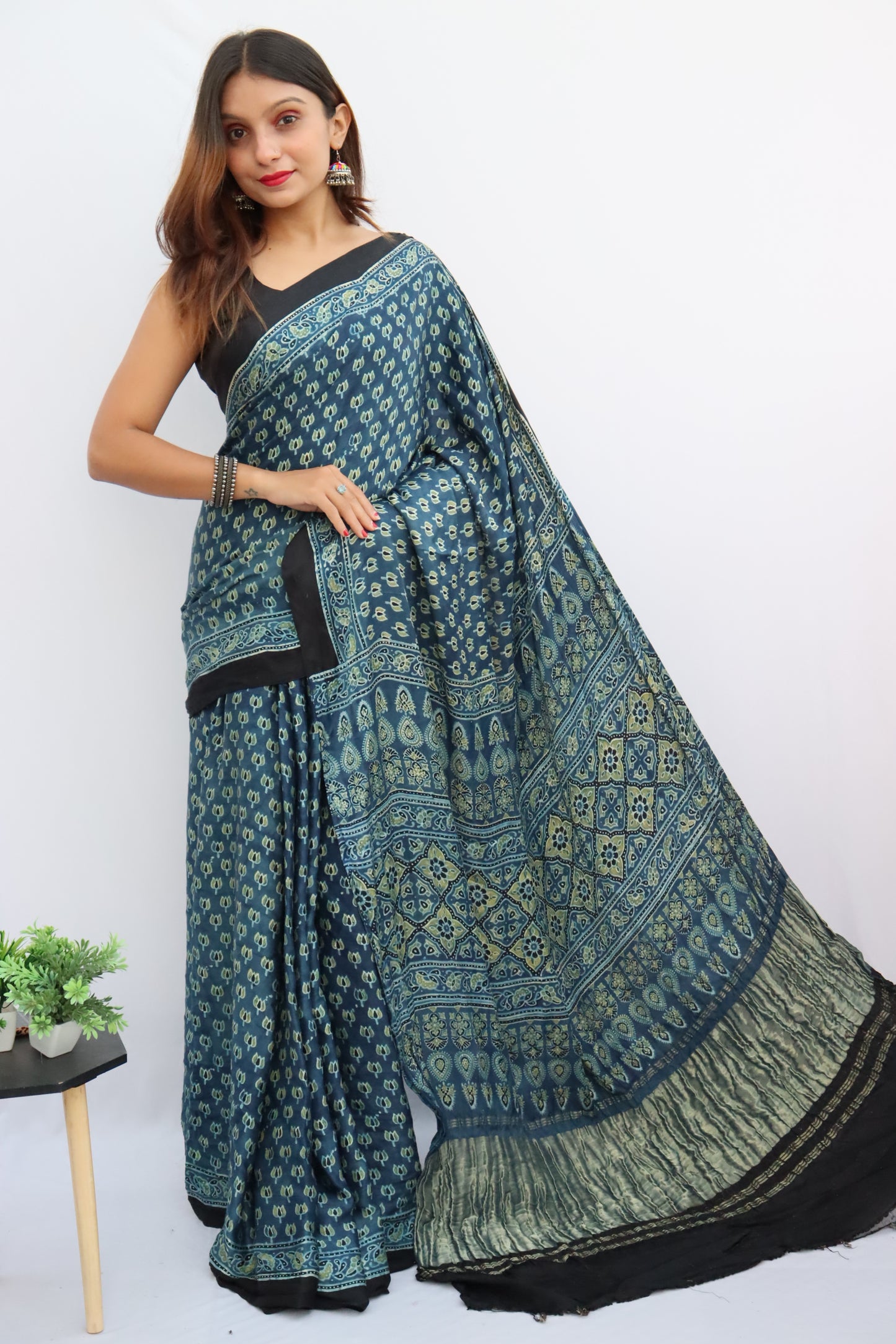 INDIGO BLUE AJRAKH HAND BLOCK PRINTED MODAL SILK SAREE WITH ZARI PALLU