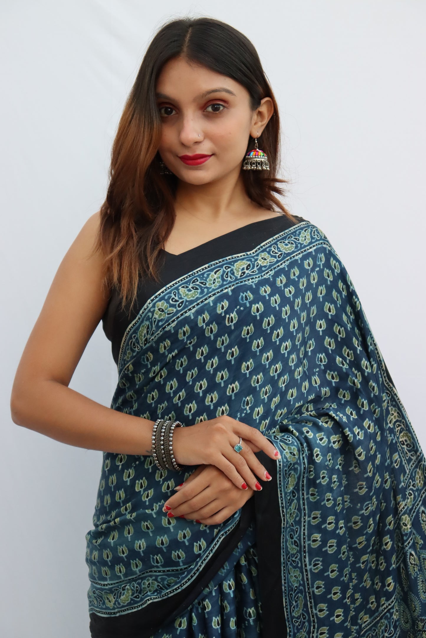 INDIGO BLUE AJRAKH HAND BLOCK PRINTED MODAL SILK SAREE WITH ZARI PALLU