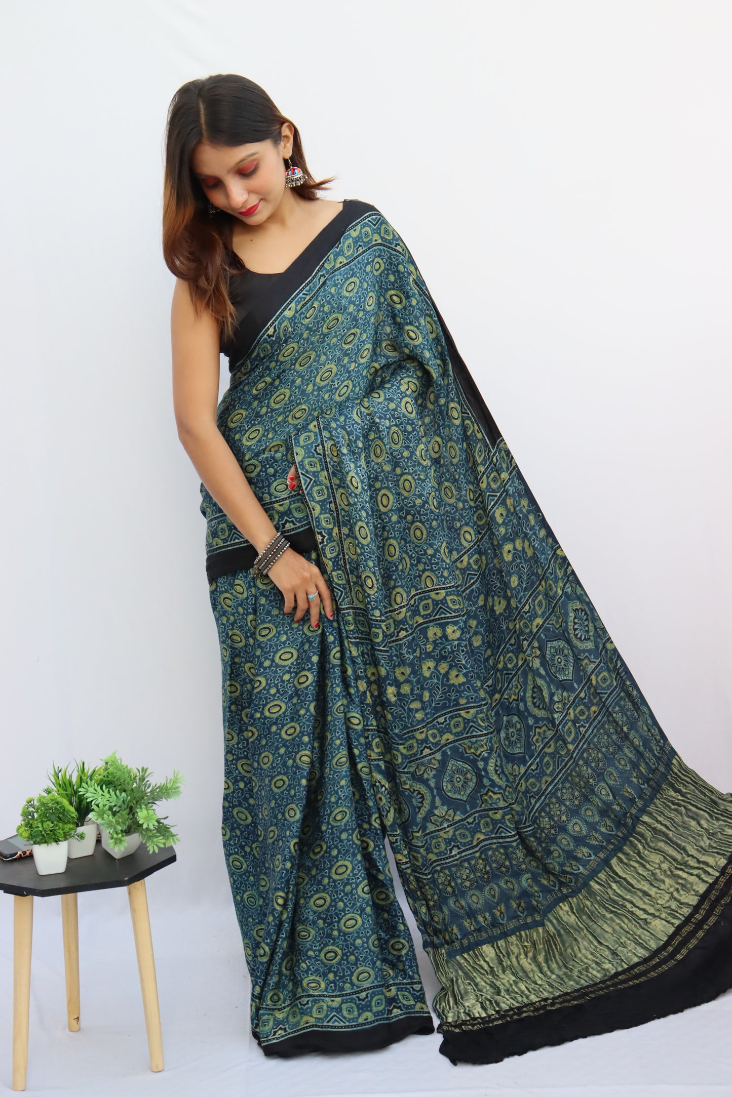 INDIGO BLUE AJRAKH HAND BLOCK PRINTED MODAL SILK SAREE WITH ZARI PALLU