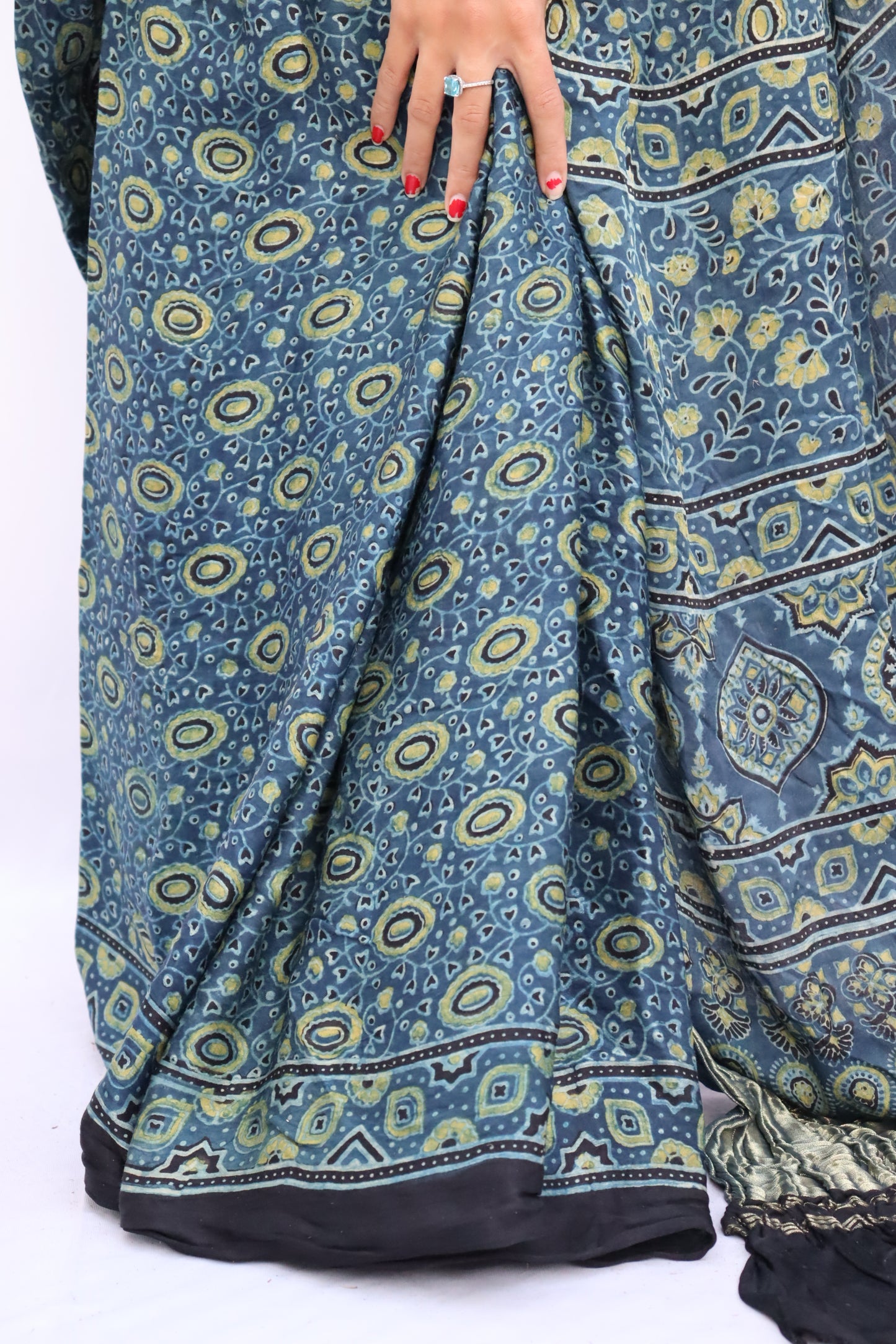 INDIGO BLUE AJRAKH HAND BLOCK PRINTED MODAL SILK SAREE WITH ZARI PALLU