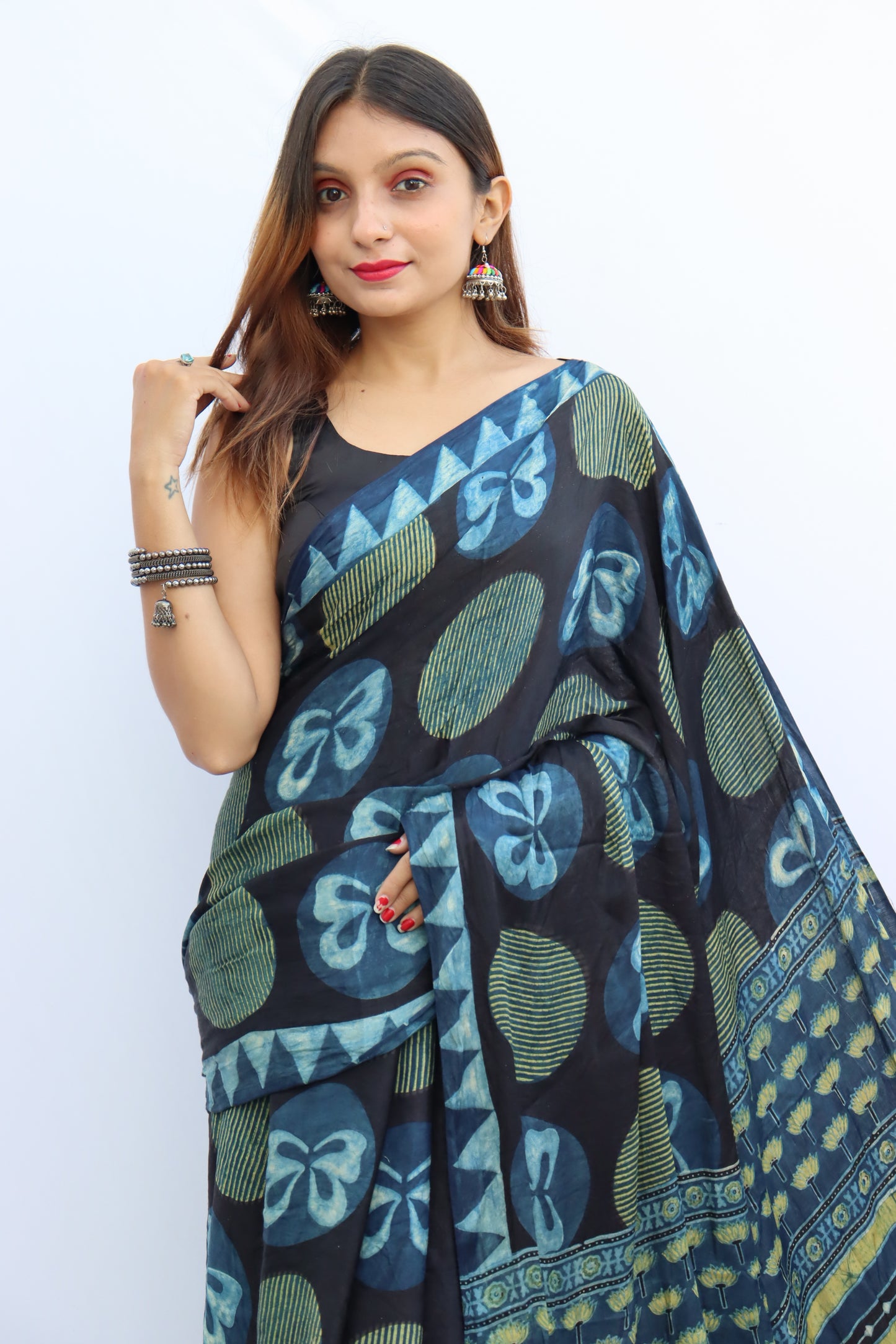 INDIGO BLUE AJRAKH HAND BLOCK PRINTED MODAL SILK SAREE WITH ZARI PALLU