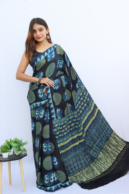 INDIGO BLUE AJRAKH HAND BLOCK PRINTED MODAL SILK SAREE WITH ZARI PALLU